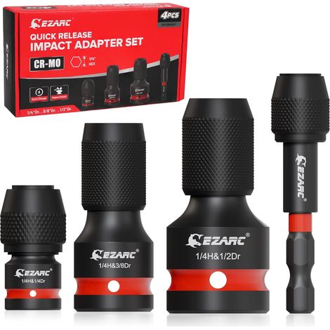 4 Pièces Adaptateurs Douille Carrée vers Hexagonal 1/4", Convertisseur Impact pour Clé à Chocs 1/2", 3/8", 1/4", Porte-Embout Rapide pour Perceuse, Cliquet et Tournevis (1/5)