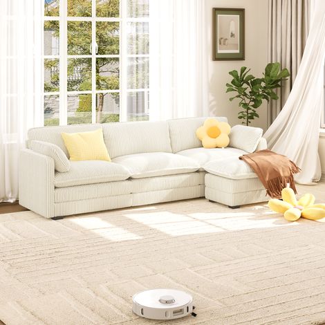 Ecksofa 4-Sitzer Bealife Modulsofa aus Cord Verfügt über Holz-Metall-Rahmen Doppellagiges Sitzkissen Verstellbare Fußstütze und 2 Armlehnenkissen für Wohnzimmer und Arbeitszimmer 243.5 x 141.5 x 91 cm