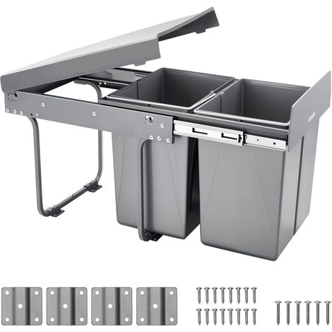 Poubelle coulissante pour armoire de cuisine, collecteur de déchets sous évier 20 L x 2, conteneur à déchets sous montage avec système coulissant à extension complète en métal robuste et poignée (1/5)