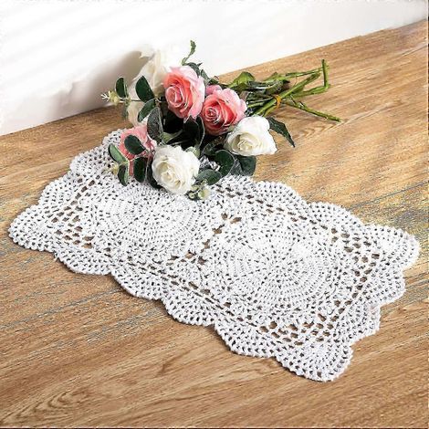 Lot de 2 napperons rectangulaires en dentelle crochetée à la main en coton, 27 x 43 cm (blanc) (1/5)