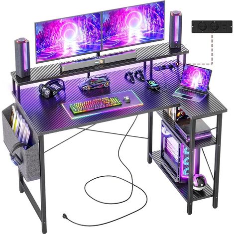 Corner Gaming Desk with LED Power Outlet, 120 x 70 cm Large L-Shaped Computer Table, Storage Shelves, Reversible Angle Computer Desk for Study, Work Room, Home (1/5)