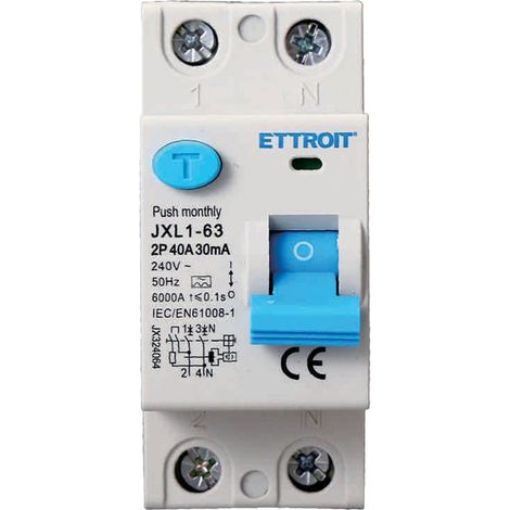 Interruttore magnetotermico differenziale puro 2P, 2 moduli, Tipo AC, 240Vac, 40A, 30mA, 6KA, classe A - Ettroit JX324064 (1/5)