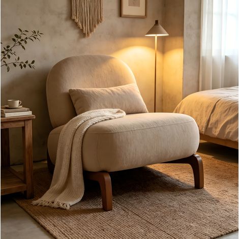 Poltrona d'accento in tessuto color cammello, senza braccioli, con gambe in legno, ideale per soggiorno, camera da letto e balcone. (1/5)