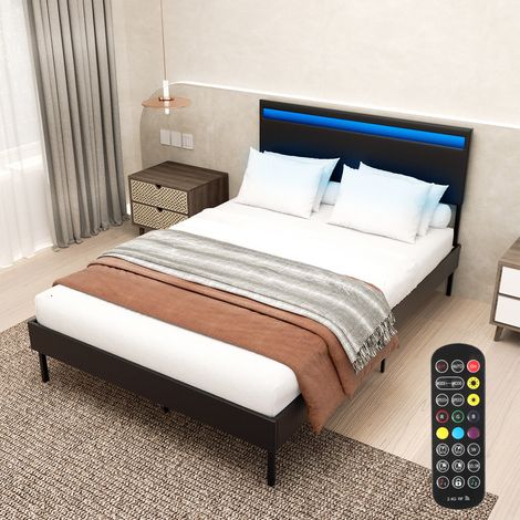 Randaco Letto imbottito 140x200 cm con vano contenitore, illuminazione a LED e testiera – Inclusi rete a doghe e rivestimento in ecopelle nera