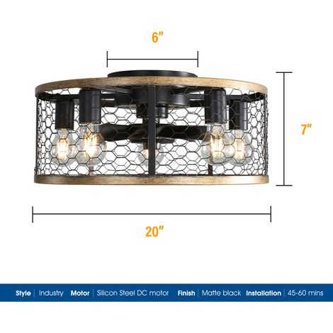 20-Zoll Industrie-Deckenventilator im Cage-Design – mit 7 ABS-Flügeln, Fernbedienung & reversiblem DC-Motor. Kompakter Unterputzventilator für Bauernhaus- und Industrie-Stil