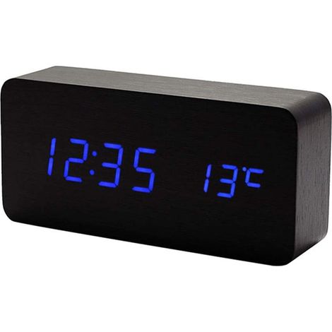 Horloge numérique multifonction en bois avec alarme LED et commande vocale, idéale pour les voyages en famille. Boîtier en bois noir et lecteur Blu-ray. (1/5)