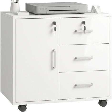 HOMCOM mueble para impresora con ruedas, mesa para impresora con puerta y 3 cajones, cerraduras, estante ajustable, para oficina, 60x40x56 cm, blanco (1/5)