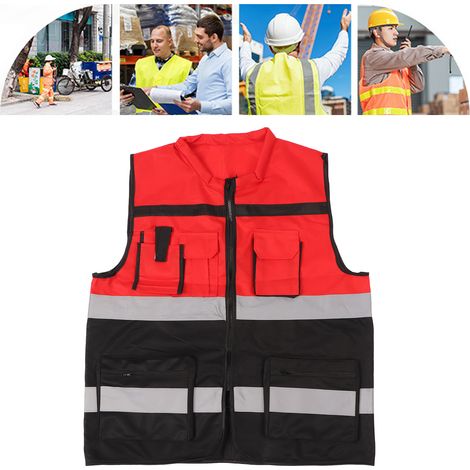 Gilet réfléchissant rouge vif et noir, col rond, multipoches, vêtements de travail de sécurité pour la construction et les transports. (1/5)