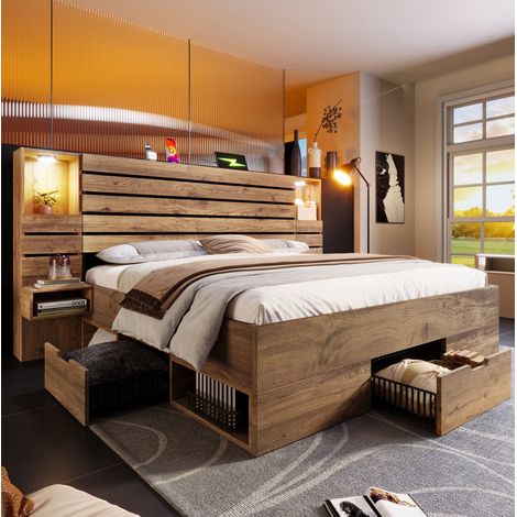Bett 160x200 cm modern in MDF und Metall Eiche, mit beleuchtetem Kopfteil, USB/Type-C, schwebenden Nachttischen und Schubladen (1/5)