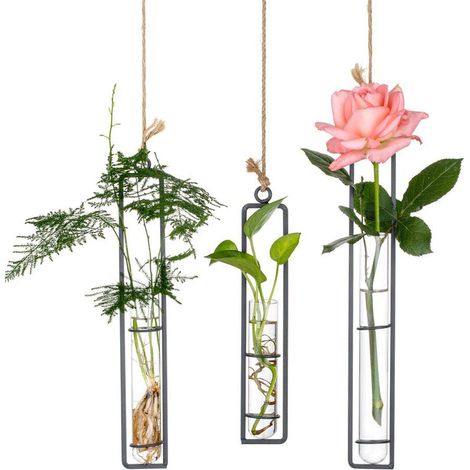 3Pcs Glass Hanging Planter Terrarium Gold Iron Art Hydroponic Test Tube Vase with Twine Rope, Small + Medium + Large, Flower Water Container Decoration for Home Office Wedding, Noir