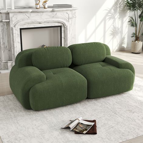 Canapé 2 places velours côtelé, déhoussable, modulable, accoudoirs incurvés, base anti-glisse, tissu extensible, salon, chambre, home cinéma, vert (1/5)