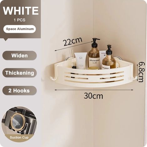 Étagère de salle de bain d'angle pour douche avec crochets porte-serviettes, fixation murale à ventouses, gris, en aluminium. (1 pièce, blanc) (1/5)