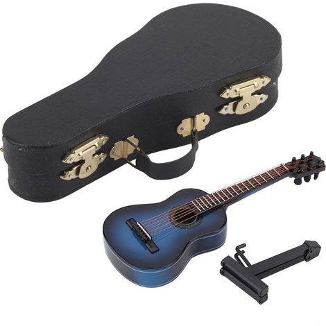 Mini guitare en bois modèle miniature décoration musicale artisanale maison bleu 14cm (1/5)
