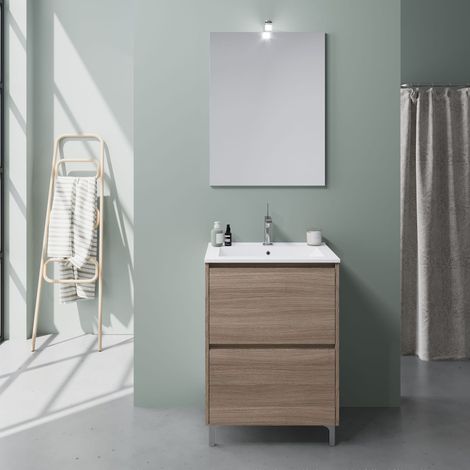 Mobile Bagno A Terra Con Lavabo Da 60 Cm Bianco E Rovere Laguna