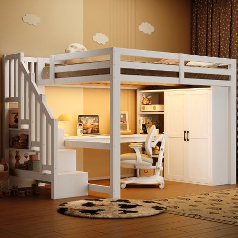 Lit mezzanine 140x200 avec bureau, étagères, armoire, échelle de rangement, port USB et éclairage LED - Blanc - Sans matelas (1/5)