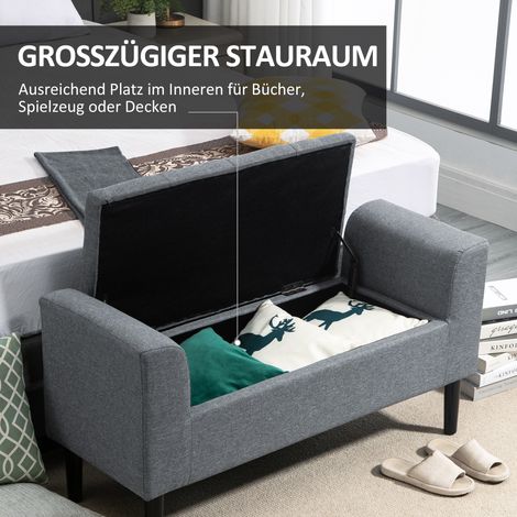 Coffre de rangement banquette rembourrée, capacité 130 kg, revêtement lin, bois d'hévéa, 116x44x58 cm, gris clair