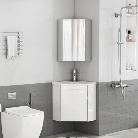 Mobile bagno angolare con lavabo in ceramica e armadietto a specchio bianco lucido DESVIAE (1/5)