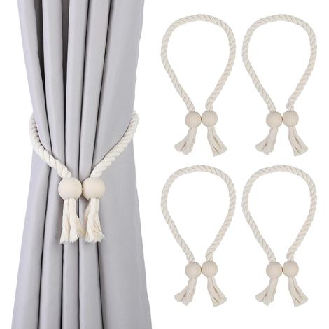 Juego de 4 pinzas magnéticas para cortinas, de algodón tejido a mano, sin necesidad de taladrar, aptas para todo tipo de cortinas (beige). (1/5)