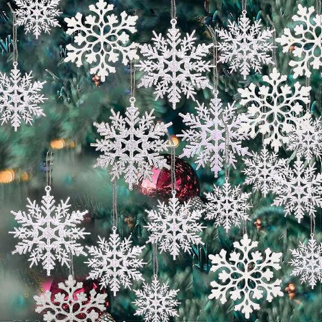 Lot de 36 décorations de flocons de neige blancs en plastique - Décorations de flocons de neige à suspendre (1 paquet) (1/5)