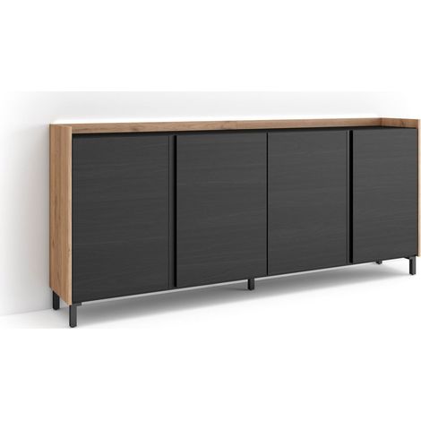 Skraut Home - Credenza, Mobile, Cucina, Madia, mobile ingresso, 207x35x91cm, 4 Porte, Design industriale, LED, Stile moderno, Nero e rovere (1/5)