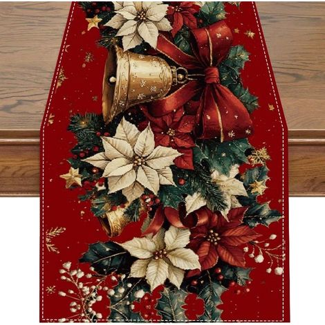 Chemin de Table Noel 33 x 183 cm, Chemin de Table Noel Rouge, Fleurs Poinsettia Clochettes Houx Decoration Table Noël pour la Saison des Vacances Hiver Cuisine Table à Manger (1/5)