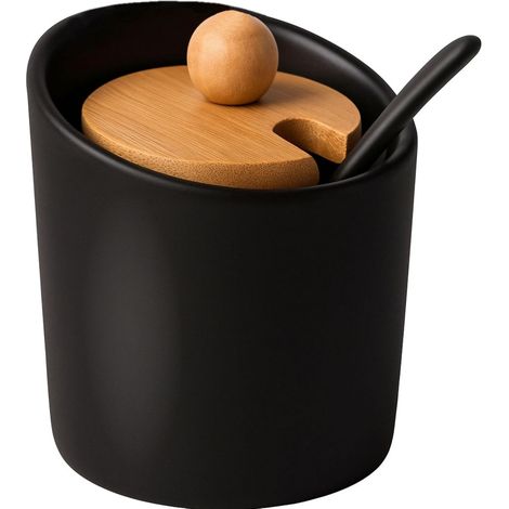 JeiibrZui Petit sucrier noir avec cuillère - Céramique et bambou - Boîte de rangement compacte avec couvercle - Accessoire de cuisine élégant pour le café et le thé - Noir (1/5)