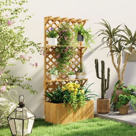 Macetero con enrejado para plantas trepadoras, orificios de drenaje y 2 estantes, fabricado en madera de abeto, 76x33x177 cm.