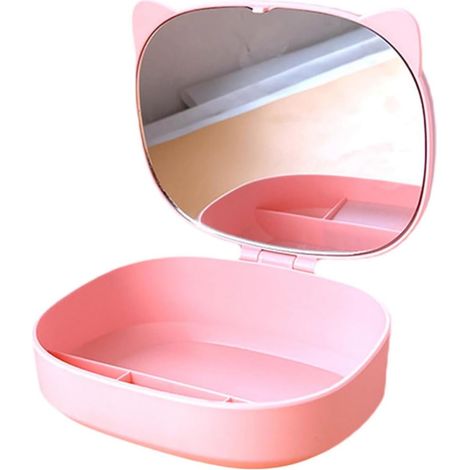 Boîte à Bijoux en Plastique avec Oreilles de Chat Rose Design Multi-grilles Portable et Robuste avec Miroir Intégré pour Garçon et Filles pour Colliers et Petits Bijoux (1/5)