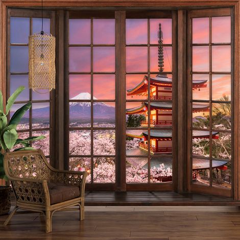 Papier peint panoramique Trompe l'oeil Fenêtre en bois - Mont Fuji Japon - 130 cm x 104 cm (1/5)