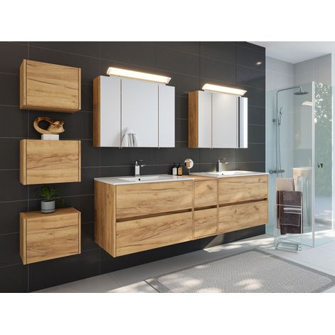 Badmöbelset Taifun 190cm 4tlg mit 2x Spiegelschrank und 3er Boxen Set eiche gold