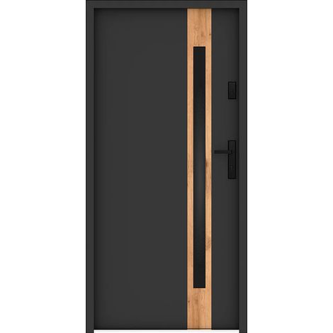 Porte d'entrée en acier pleine et inox H207 x L100 cm - verre fumé - anthracite et effet chêne - épaisseur 55 mm - poussant gauche - BRAGA