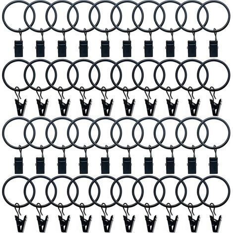 40 Pièces Anneaux Rideaux Metal avec Pinces Pince pour Rideaux Diamètre Intérieur de 32mm Noir
