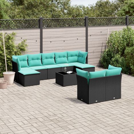 10-teiliges Gartensofa-Set mit Kissen, schwarzes Polyrattan (1/5)