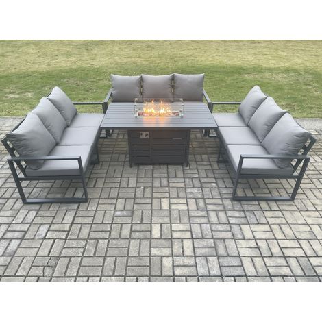 Fimous Aluminium 9 Seater Garden Furniture Outdoor Set Patio Lounge Sofa Gas Fire Pit Dining Table Set Dark Grey (1/5)