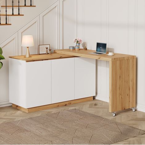 Scrivania angolare girevole 124x45x82 cm in truciolare bianco effetto rovere con vano - CHICFURN (1/5)