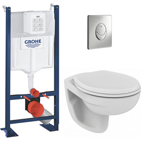 Grohe Pack WC Bâti autoportant avec Cuvette Porcher rimless + Abattant + Plaque chrome (ProjectPorcher-2) (1/5)