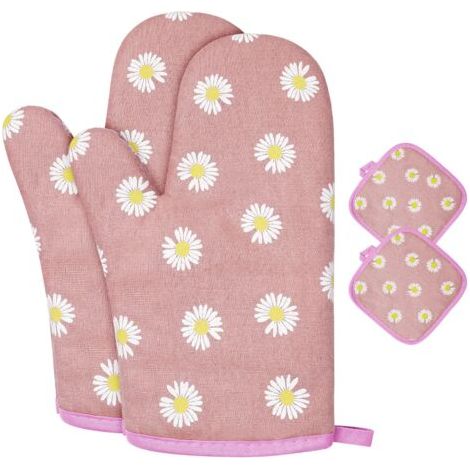 Gants de Four, 1 Paire Gants de Cuisine Coton avec 2 Maniques Cuisine, Lavable Gant Cuisine Four, Gants de Cuisine Antidérapants, Gant Cuisine Anti Chaleur pour Barbecue, Cuisson (fleurs bleues) NPTER