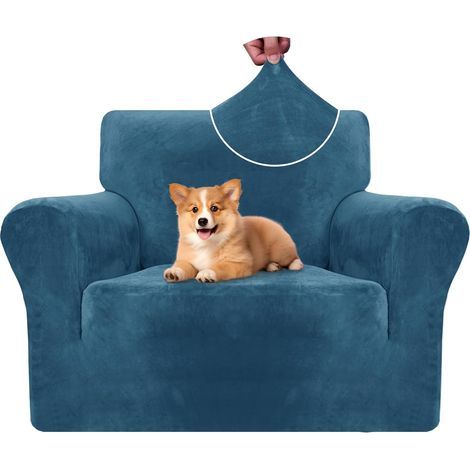Housse Fauteuil Velour 1 Place, Housse Canape Extensible avec Accoudoirs, Universelle Sofa Cover Antidérapante, Protection Couvre Canapé Anti Poils Animaux, Lavable, Bleu Paon (1/5)