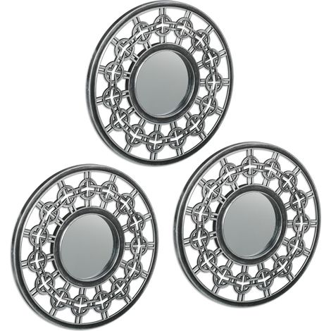 Relaxdays Set da 3 Specchi Rotondi, per la Parete, Cornice Decorativa in Plastica, Diametro 25 cm, Argento Grigio