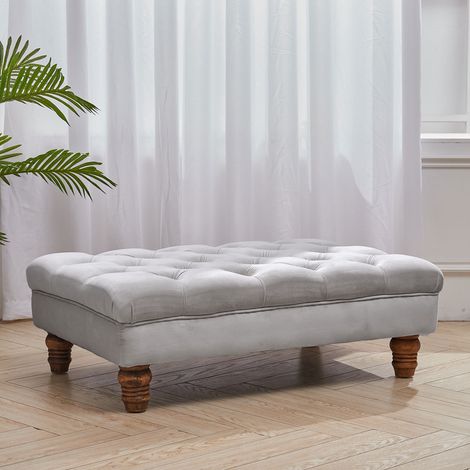 Velvet Buttoned Thick Padded Footstool with Wood Legs, Grey