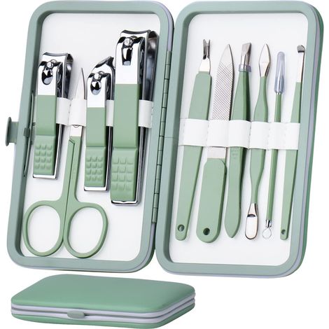 Ensemble de manucure 10 en 1 en acier inoxydable, coupe-ongles, ciseaux, outils de pédicure - Trousse de toilette portable pour hommes et femmes avec étui en cuir (vert jade),Green