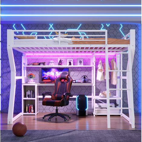 Letto a soppalco moderno 140x200 cm in metallo e MDF bianco con scrivania, luce LED, presa e appendiabiti