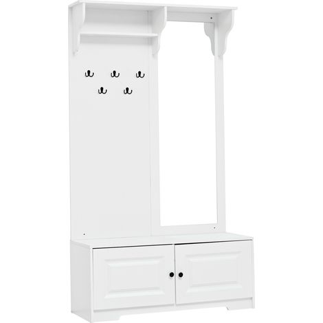 Armario recibidor con espejo y zapatero 100x40x180 cm MDF blanco con 5 ganchos y 2 puertas (1/5)