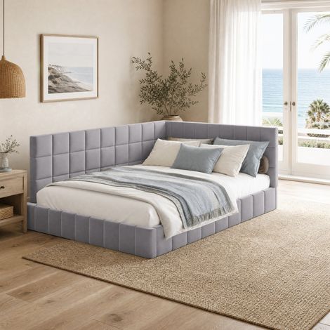 Divano letto 140x200 cm con rete a doghe, grigio, velluto, senza materasso (1/5)