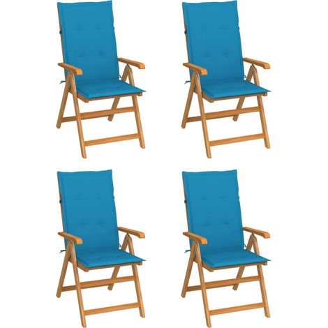 Chaises de jardin lot de 4 avec coussins bleu Bois teck solide (1/5)