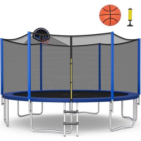 GOPLUS Trampoline d’Extérieur D.366CM avec Panier de Basket/Filet de Sécurité H.180CM/Anti UV,Charge Dynamique 180KG, GS Certifié (1/5)