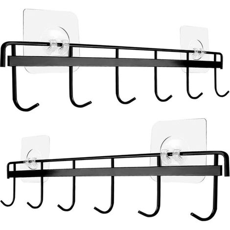 2-Piece Kitchen Utensil Holder, Kitchen Utensil Rack with 6 Hooks, No Drilling Storage Organizer for Kitchen/Bathroom (Black)
