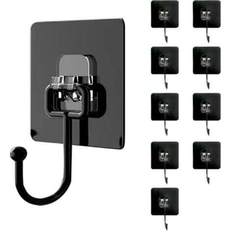 Pack of 10 Adhesive Wall Hooks (Maximum 30 kg) - Black - Waterproof and Traceless - No Drilling Required - For Bathroom, Ceiling, Wall Hooks, Kitchen Utensils, Keys, Backpacks (1/4)