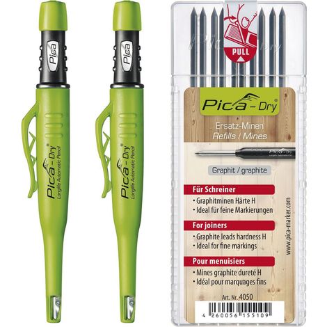 Pica Dry Set - 2x Pica Stift automatisch mit 10x Pica Dry Minen H Graphit, unerlässlich für Hand- und Heimwerker, 3-teilig