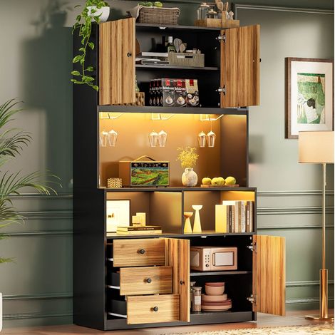 Buffet de cuisine 100x40x180 cm avec LED RGB, prises USB, vitrine et grands rangements - naturel (1/5)